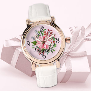 Relógio Nome, Buquê de Poinsettia Rosa Couro Branco Femini