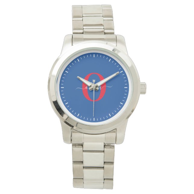 Relógio Nome com Letra Maiúscula Personalizada Azul Branco (Frente)