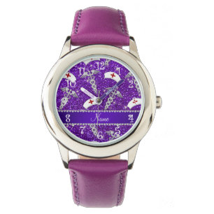 Relógio Nome da enfermeira purple glitter chapéu caduceus