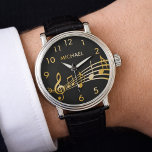 Relógio Nome das notas de ouro preto<br><div class="desc">Simples e elegante para um amante ou músico! Fundo preto com notas falsas de ouro. Modelo para o seu nome,  cartas de ouro. Números de relógio do ouro.</div>