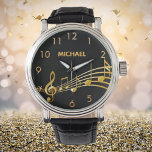 Relógio Nome das notas de ouro preto<br><div class="desc">Simples e elegante para um amante ou músico! Fundo preto com notas falsas de ouro. Modelo para o seu nome,  cartas de ouro. Números de relógio do ouro.</div>