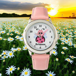Relógio Nome de adição de ladybug cor-de-rosa