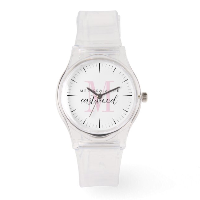 Relógio Nome de Letra Elegante Monograma Rosa  (Frente)
