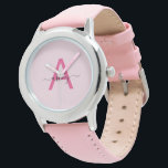 Relógio Nome do Monograma das Raparigas de Script Moderno<br><div class="desc">Introduzindo um acessório de eterno projetado para aqueles com um gosto perceptível por elegância. Este monograma personalizado, com o "A" inicial rosa-quente num script moderno, combina facilmente sofisticação com um pop de cor lúcido. A tira de couro com pincel suave oferece conforto e luxo, enquanto a mala prateada elegante adiciona...</div>
