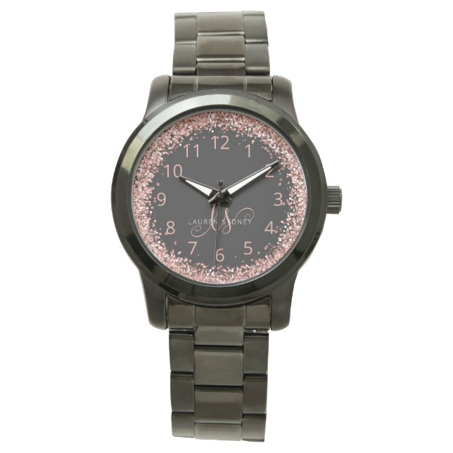 Relógio Nome do Monograma do Glitter Glitter Cor-de-Rosa r (Frente)