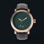 Relógio Nome do Monograma do Script Moderno Verde Escuro<br><div class="desc">Nome do Monograma Simples de Script Verde Escuro. Isto faz o doce e perfeito aniversário de 16 anos,  casamento,  chá de panela,  aniversário,  chá de fraldas ou festa de solteira presente para alguém que ama luxo de luxo e estilos quíticos.</div>
