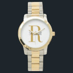 Relógio Nome do Monograma Dourado Personalizado Inicial<br><div class="desc">Vigilância personalizada personalizada com seu nome e monograma exclusivo. Clique em Personalizar para editar fontes e cores ou adicionar seu próprio texto e imagens para criar um presente exclusivo de tipo. Fácil de personalizar. Golfe no estilo. Confira!</div>