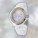 Relógio Nome do Monograma em Azul na Mãe da Pérola |<br><div class="desc">Um belo relógio Rinoestone White Enamel para mulheres com um nome monográfico em azul sobre a mãe de pérola.</div>