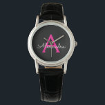 Relógio Nome do Monograma Girly Black Script Hot-Pink<br><div class="desc">Monitorização de Nome de Script Simples Preto e Rosa Quente. Isso faz a formatura perfeita,  aniversário,  casamento,  chá de panela,  aniversário,  chá de fraldas ou presente de festa de solteira para alguém que ama luxo de vidro e estilos quíticos.</div>