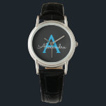 Relógio Nome do Monograma Girly de Script Preto Azul<br><div class="desc">Monitorização de Nome do Script Simples Preto e Azul. Isso faz a formatura perfeita,  aniversário,  casamento,  chá de panela,  aniversário,  chá de fraldas ou presente de festa de solteira para alguém que ama luxo de vidro e estilos quíticos.</div>