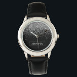 Relógio Nome do Monograma Girly Negra Silver Glitter<br><div class="desc">Silver e Black Sparkle Glitter Name Watch. Isto faz o doce e perfeito aniversário de 16 anos,  casamento,  chá de panela,  aniversário,  chá de fraldas ou festa de solteira presente para alguém que ama luxo de luxo e estilos quíticos.</div>
