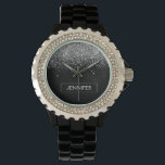Relógio Nome do Monograma Girly Negra Silver Glitter<br><div class="desc">Controle de Nome do Monograma de Minigrama Preto e Silver Sparkle. Isso faz a formatura perfeita,  aniversário,  casamento,  chá de panela,  aniversário,  chá de fraldas ou presente de festa de solteira para alguém que ama luxo de vidro e estilos quíticos.</div>