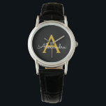 Relógio Nome do Monograma Rapariga de Script Moderno Doura<br><div class="desc">Monitorização de Nome do Monograma Simples Preto e Dourado. Isso faz a formatura perfeita,  aniversário,  casamento,  chá de panela,  aniversário,  chá de fraldas ou presente de festa de solteira para alguém que ama luxo de vidro e estilos quíticos.</div>