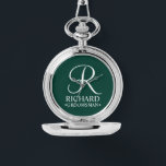 Relógio Nome e monograma do Padrinho de casamento personal<br><div class="desc">Presentes personalizados de Padrinho de casamento preto e branco legantes que apresentam um monograma personalizado em estilo de fonte branco elegante com nome de padrinho de casamento e título no estilo de fonte clássico serif no fundo verde esmeralda. Perfeito também para o melhor homem, pai da noiva, dama de honra,...</div>