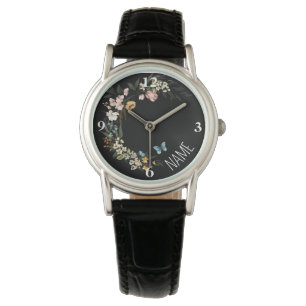 Relógio Nome, Elegante Holandês Florals Black Leather Wome
