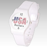 Relógio Nome, EUA Stars & Stripes White Silicone Strap<br><div class="desc">Melhor preço! EUA sinalizam o design de estêncil neste relógio de tendência com uma correia de fivela branca esportiva e nome personalizado. Altere facilmente o nome, substitua por iniciais ou remova usando o Modelo fornecido. Também está disponível um relógio de pulseira clara e preta. O impressão nestes relógios é excelente....</div>