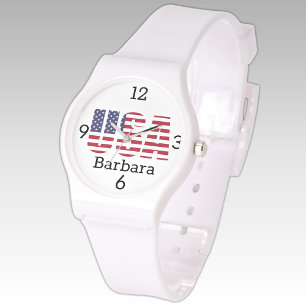 Relógio Nome, EUA Stars & Stripes White Silicone Strap