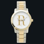 Relógio Nome Inicial de Monograma de Ouro Personalizado<br><div class="desc">Relógio personalizado com o seu nome e monograma único. Clique em Personalizar para editar fontes e cores ou adicionar seu próprio texto e imagens para criar um presente único. Fácil de personalizar. Adquira o seu hoje!</div>