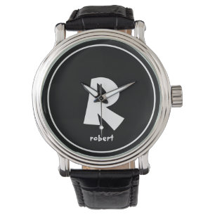 Relógio Nome inicial do monogame preto e branco personaliz