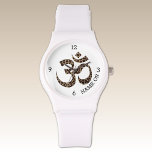 Relógio Nome Leopard Print Om Símbolo Branco Silicone<br><div class="desc">Melhor preço! Uma correia de silício branco esportivo e uma caixa com um símbolo Om de impressão na moda-leopardo e personalização. Personalize facilmente usando o Modelo fornecido. Também está disponível um relógio de pulseira clara e preta.</div>