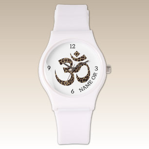 Relógio Nome Leopard Print Om Símbolo Branco Silicone