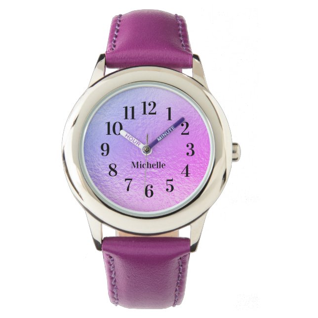 Relógio Nome Pérola Rosa Roxo Iridescente (Frente)