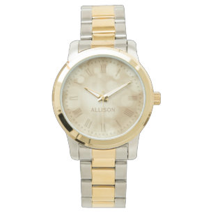 Relógio Nome Personalizado Beige Dourado Luzes de Bokeh El