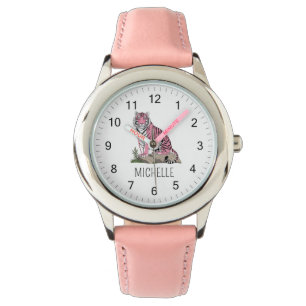 Relógio Nome Personalizado da Moda Lindo Tigre Rosa da Sel