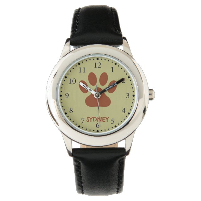 Relógio Nome personalizado da pata de cão castanho (Frente)