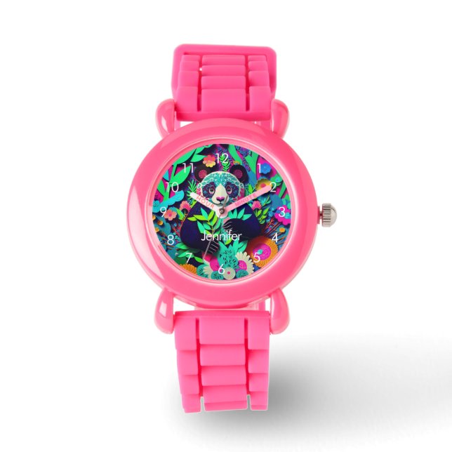 Relógio Nome Personalizado de Panda Arco-Íris para Meninas (Frente)