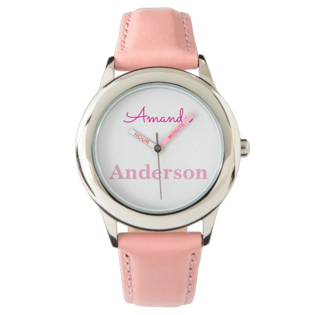 Relógio Nome Personalizado de Raparigas Rosa-Cons (Frente)