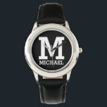 Relógio Nome personalizado e KIs de texto em negrito monog<br><div class="desc">Nome Personalizado e Crianças de Texto Negrito com Monograma em Black and Silver Watch.</div>