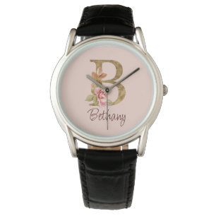 Relógio Nome Personalizado Folha de Ouro Blush Rosas Cor-d