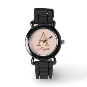 Relógio Nome Personalizado Folha de Ouro Blush Rosas Rosa