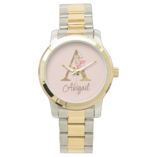 Relógio Nome Personalizado Folha de Ouro Blush Rosas Rosa