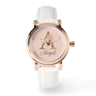 Relógio Nome Personalizado Folha de Ouro Blush Rosas Rosa