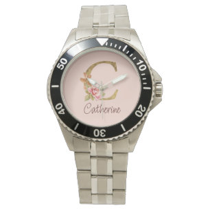 Relógio Nome Personalizado Folha de Ouro Blush Rosas Rosa 