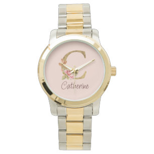 Relógio Nome Personalizado Folha de Ouro Blush Rosas Rosa
