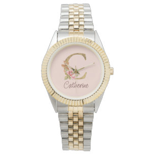Relógio Nome Personalizado Folha de Ouro Blush Rosas Rosa