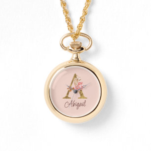 Relógio Nome Personalizado Folha de Ouro Blush Rosas Rosa 