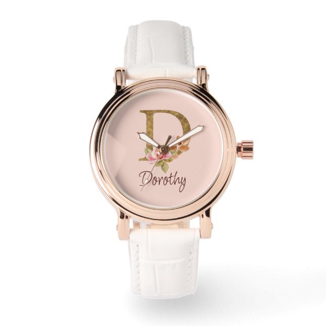 Relógio Nome Personalizado Folha de Ouro Rosa Cor-de-Rosa  (Frente)