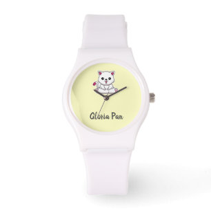 Relógio Nome personalizado gato branco giro em amarelo