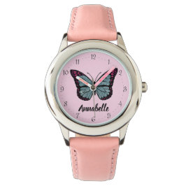 Relógio Nome Personalizado Glitter Butterfly Pink Kids