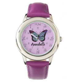 Relógio Nome Personalizado Glitter Butterfly Roxo Kids Apr