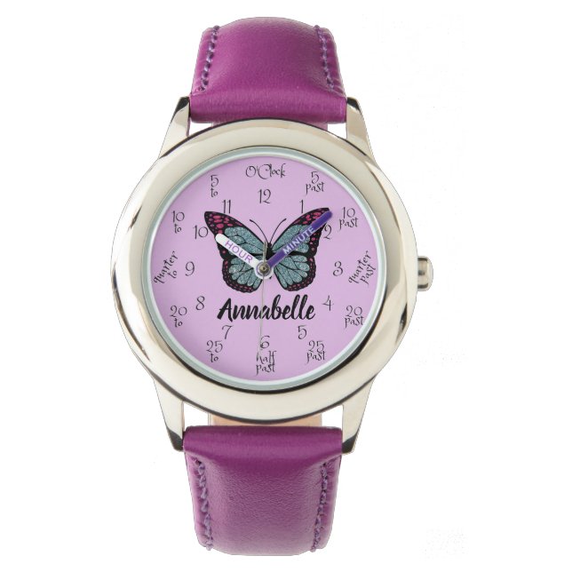 Relógio Nome Personalizado Glitter Butterfly Roxo Kids Apr (Frente)