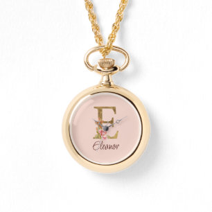 Relógio Nome Personalizado Letra E Dourado Folha Rosa Cor-