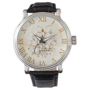 Relógio Nome personalizado Ouro fundo castanho Floral