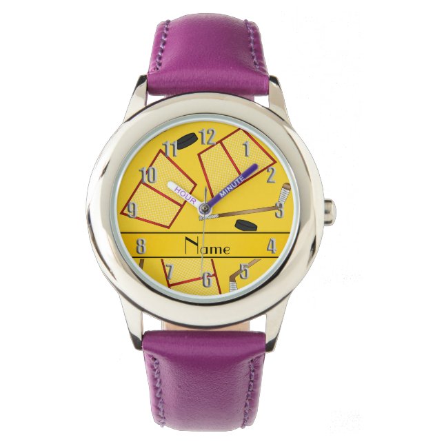 Relógio Nome personalizado palitos de hóquei amarelo mosqu (Frente)