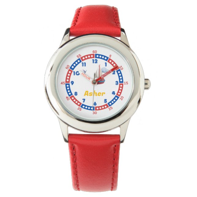 Relógio Nome personalizado Red & Blue Boat Yatch Boys Lear (Frente)