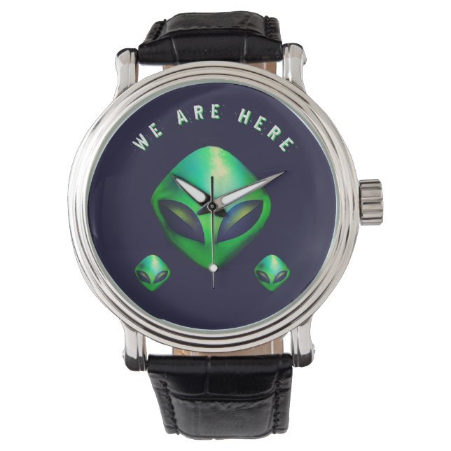 Relógio "Nós Estamos Aqui" cabeça de Alien Verde (Frente)